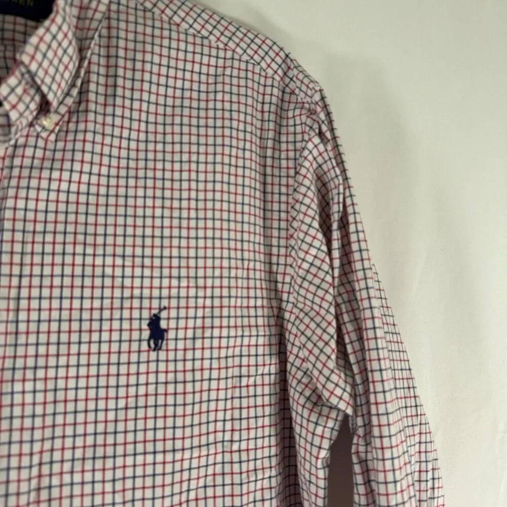 Ralph Lauren Dress Shirt Men's Medium Red Blue Plaid Button Up Long Sleeve